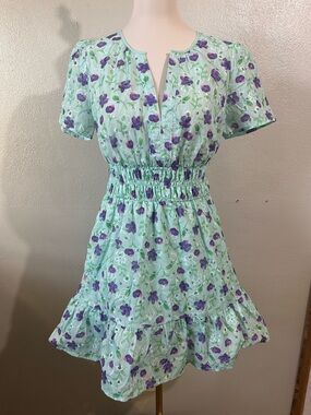 Floral Eyelet Fairy Green Purple Smocked Mini Dress Small Rubienn NWT Boho